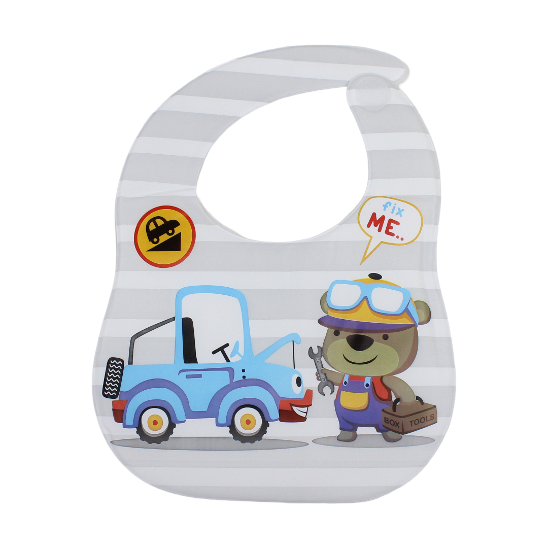 La Frutta PVC Baby Feeding Bib – White with Car & Bear Print - Baby Essentials