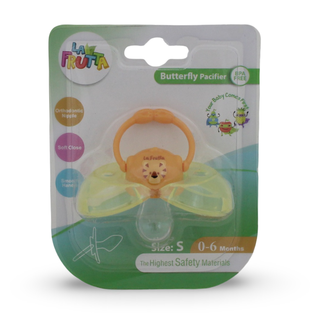 La Frutta Butterfly Orthodontic Pacifier (Size S , 0-6m) – Orange & Yellow - Baby Essentials