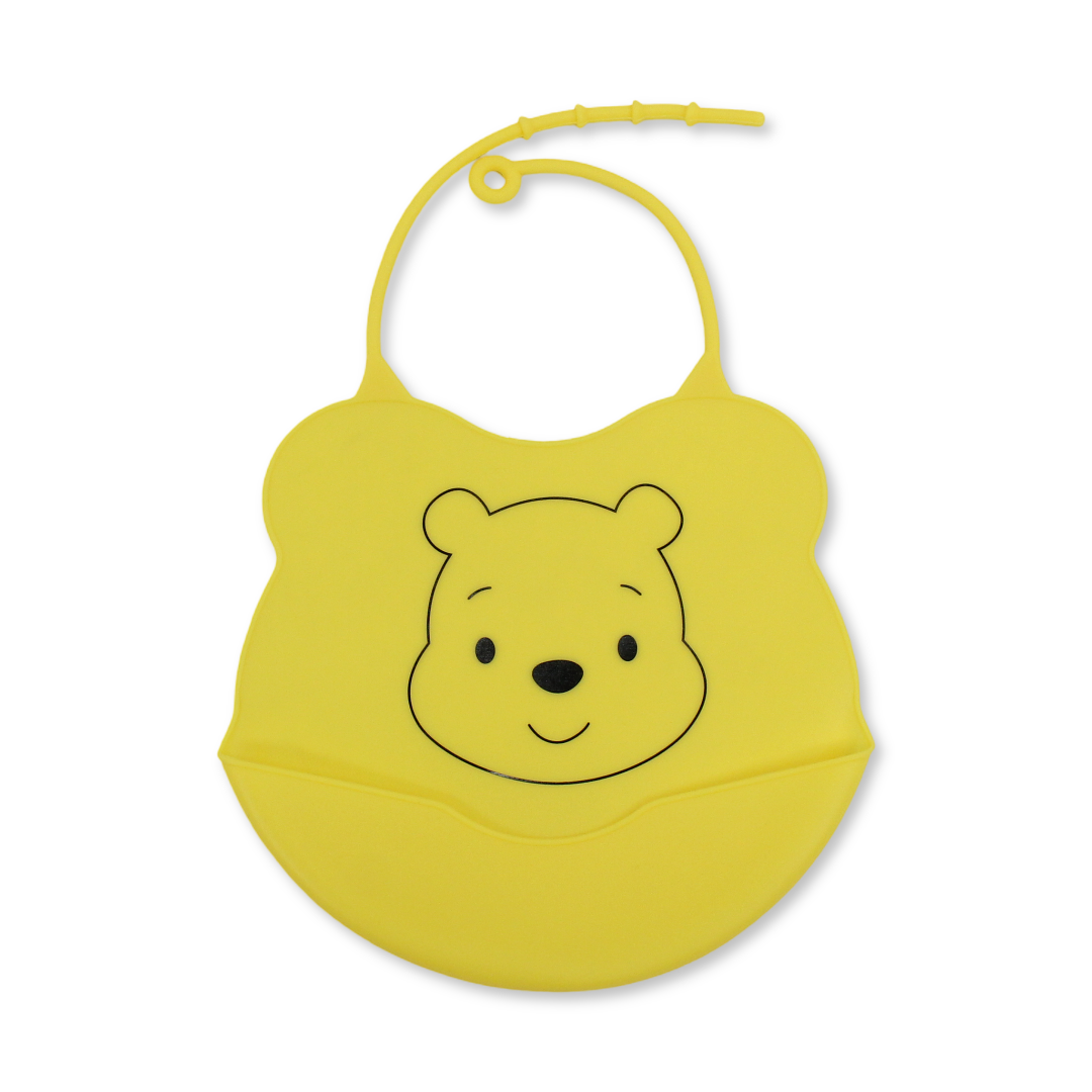 La Frutta Silicone Baby Bib with Pocket – Yellow with Pooh Print - Baby Essentials