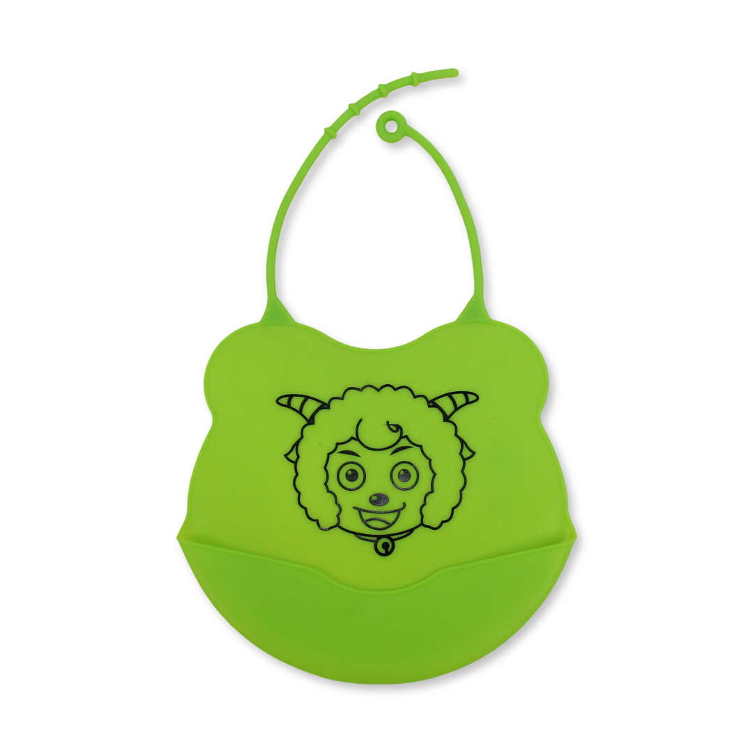 La Frutta Silicone Baby Bib with Pocket – Green with Sheep Print - Baby Essentials
