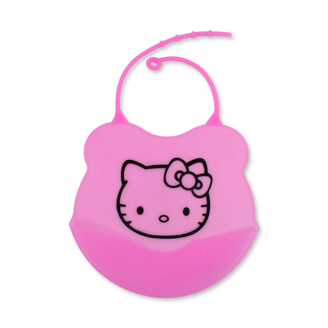 La Frutta Silicone Baby Bib with Pocket – Pink with Hello Kitty Print - Baby Essentials