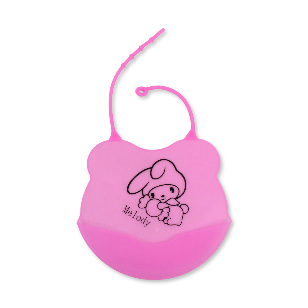 La Frutta Silicone Baby Bib with Pocket – Pink with Melody Print - Baby Essentials