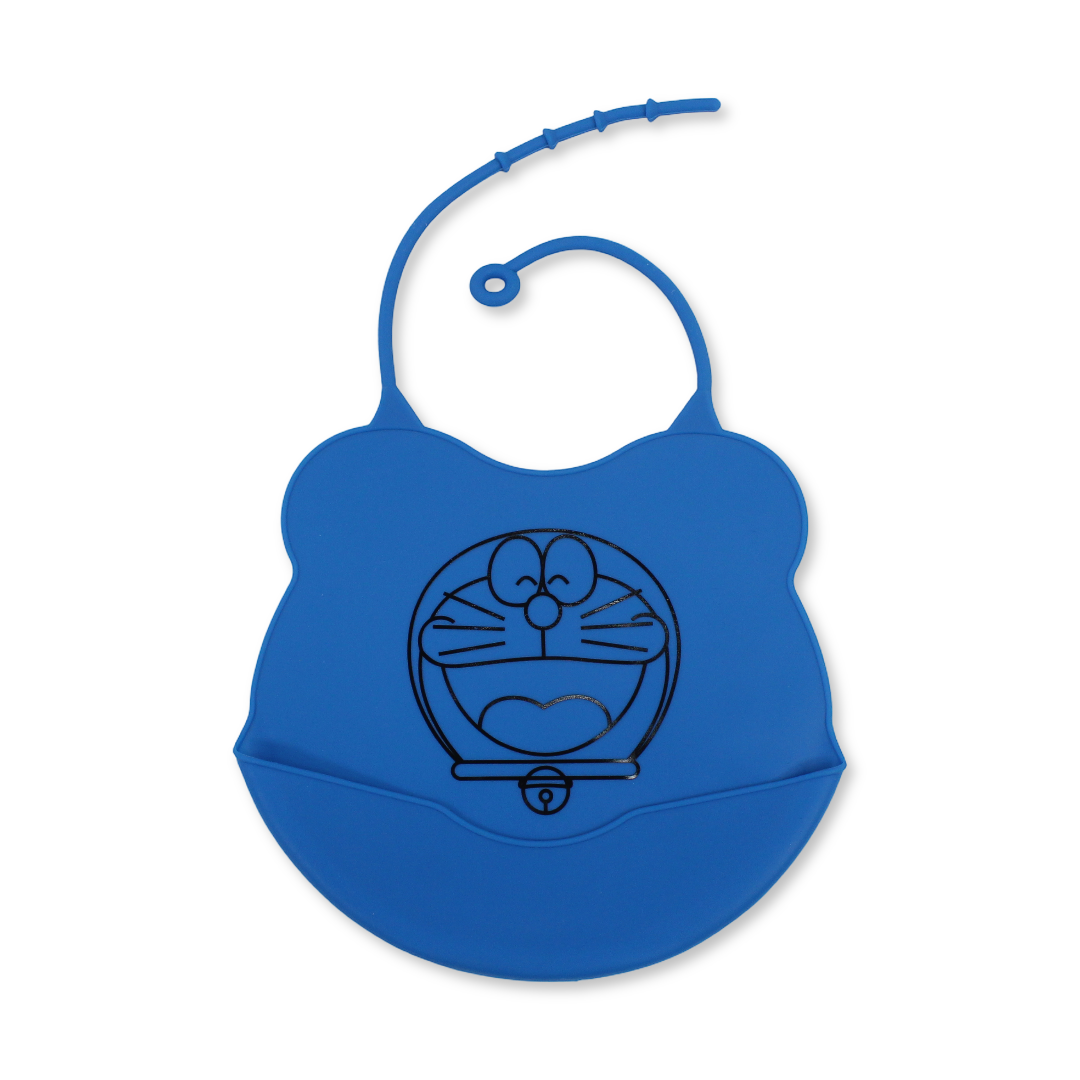 La Frutta Silicone Baby Bib with Pocket – Blue with Doraemon Print - Baby Essentials