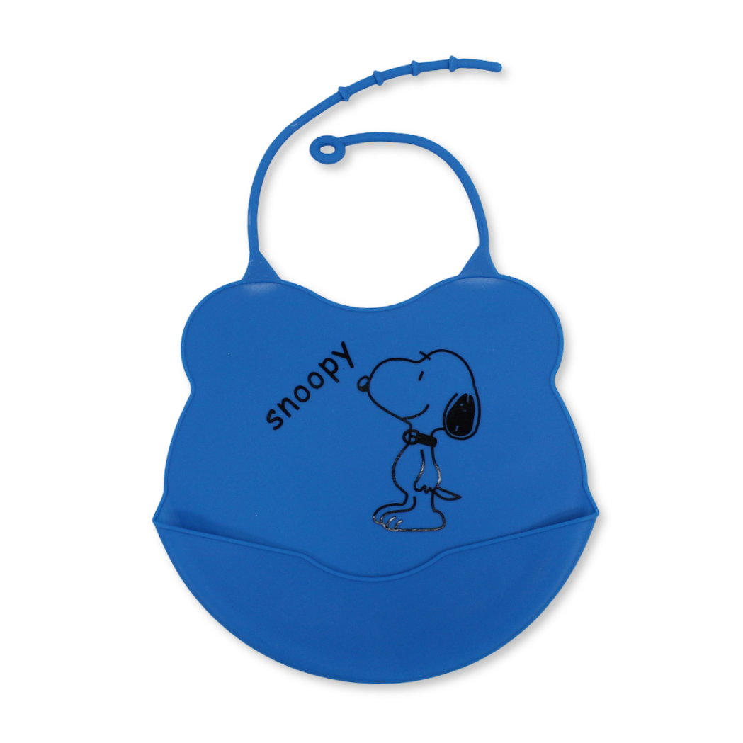 La Frutta Silicone Baby Bib with Pocket – Blue with Snoopy Print - Baby Essentials