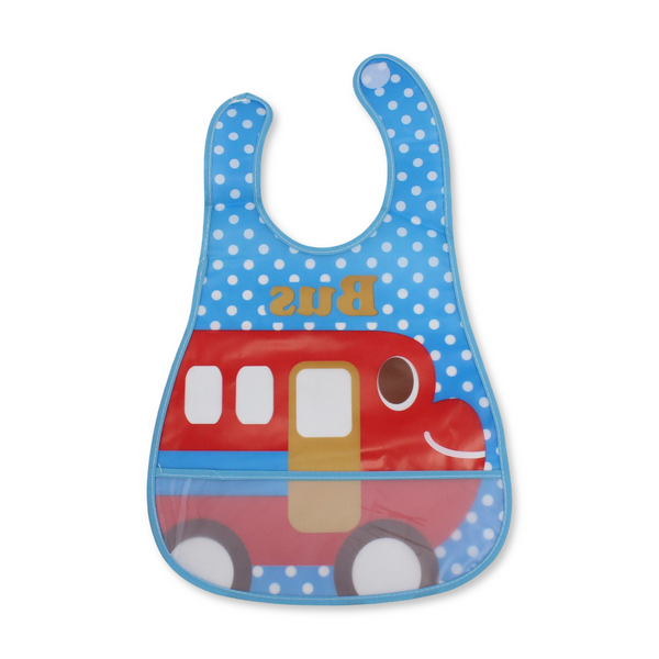 La Frutta Waterproof Baby Bib – Aqua with Bus Print
