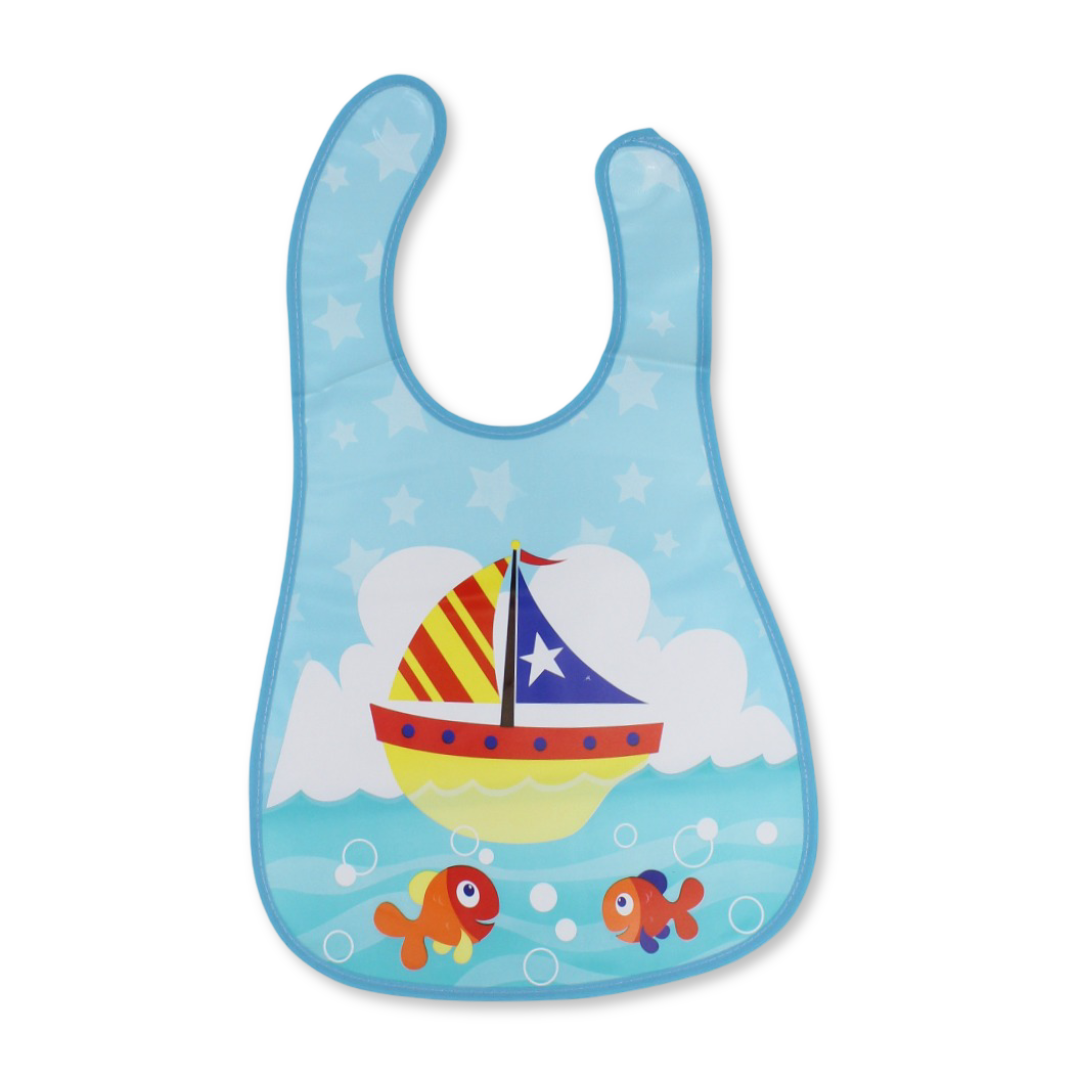 La Frutta Waterproof Baby Bib – Aqua with Boat Print - Baby Essentials