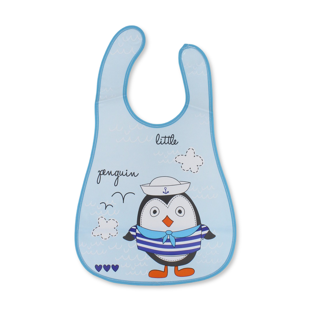 La Frutta Waterproof Baby Bib – Aqua with Penguin Print - Baby Essentials
