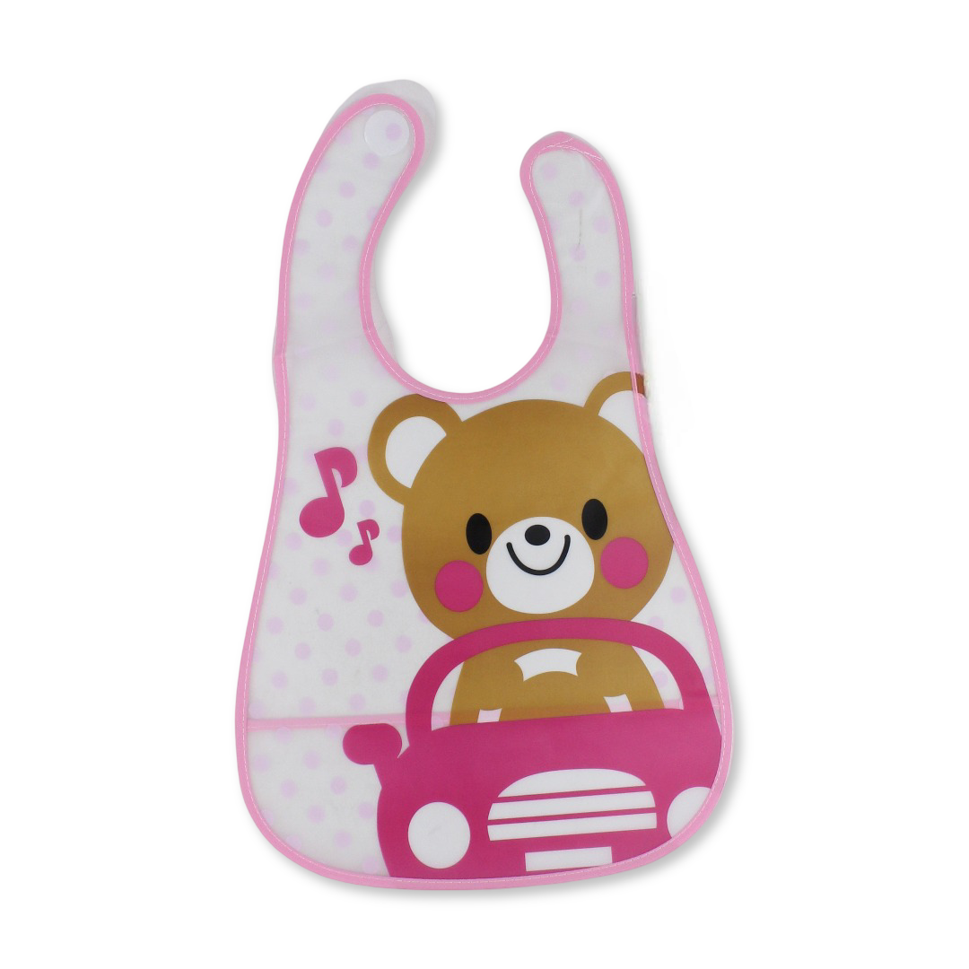 La Frutta PVC Baby Bib with Pocket – Pink with Teddy Bear Print - Baby Essentials
