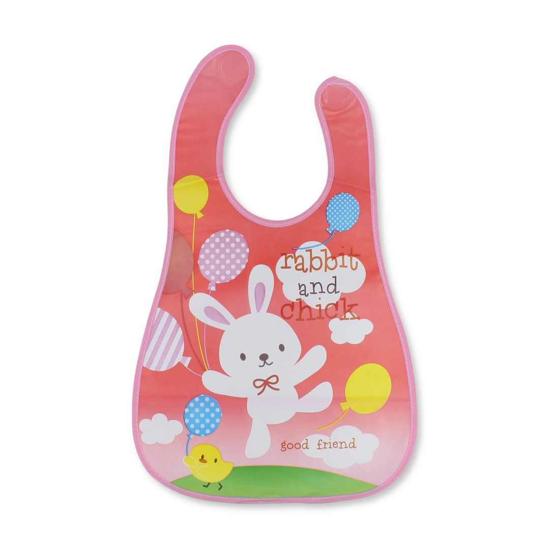 La Frutta PVC Baby Bib with Pocket – Pink with Rabbit Print - Baby Essentials