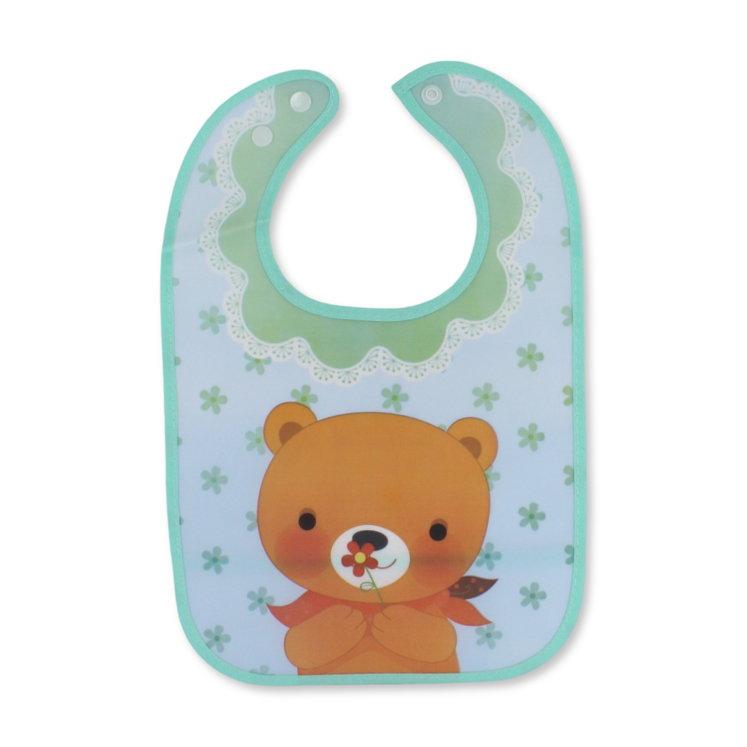 La Frutta PVC Baby Bib with Pocket – Mint with Teddy Bear Print
