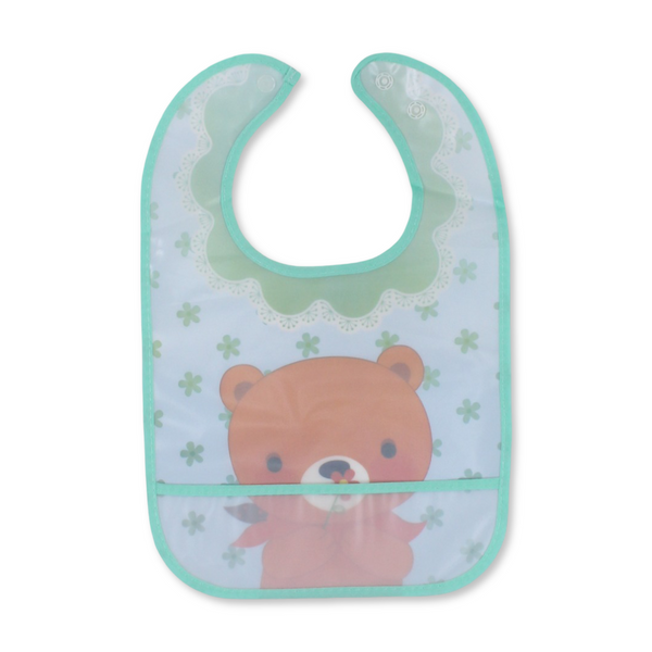 La Frutta PVC Baby Bib with Pocket – Mint with Teddy Bear Print
