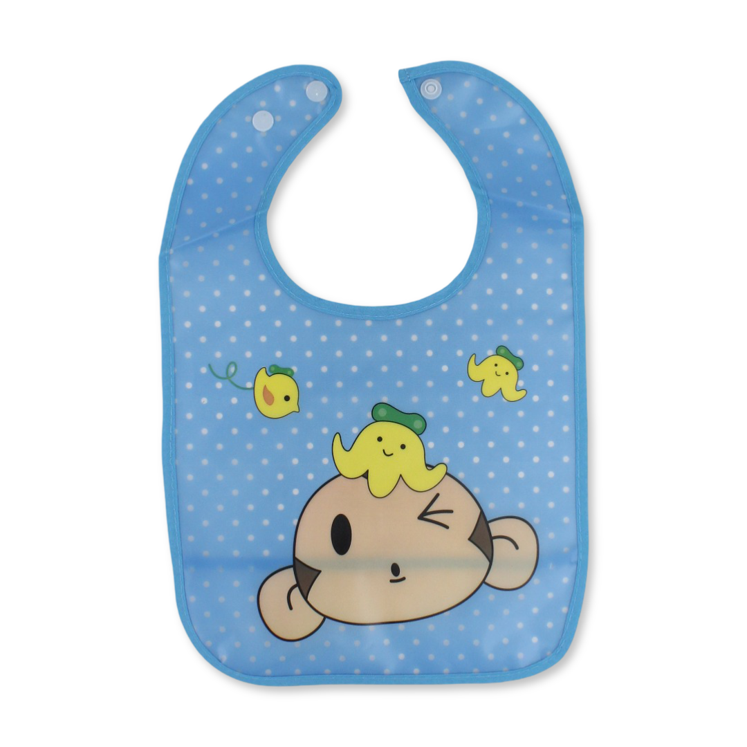 La Frutta PVC Baby Bib with Pocket – Baby Blue with Monkey Print - Baby Essentials