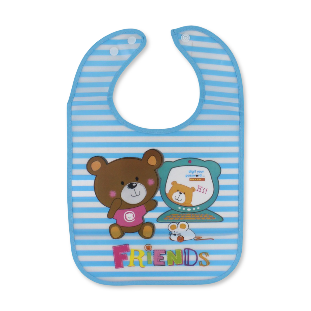 La Frutta PVC Baby Bib with Pocket – Striped Baby Blue with Teddy Bear Print - Baby Essentials