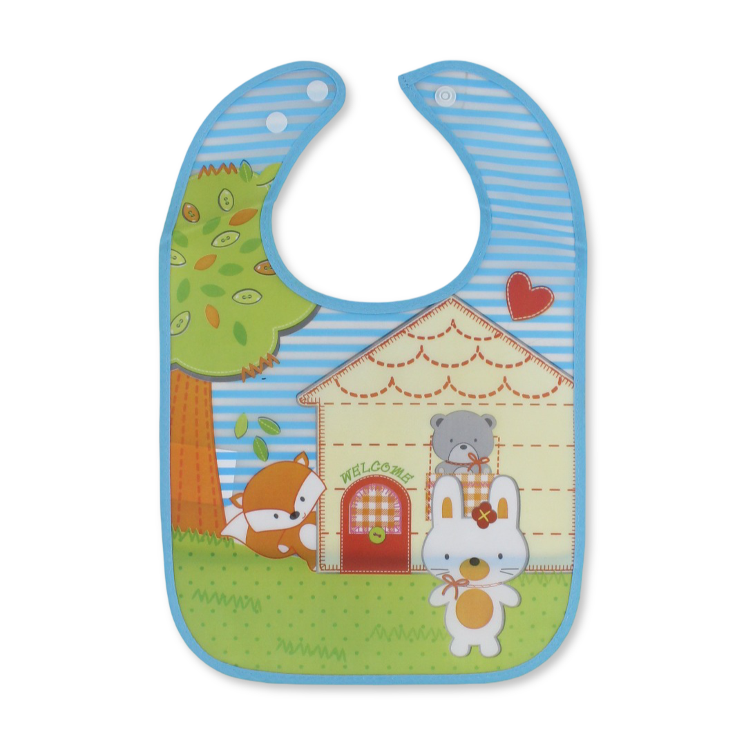 La Frutta PVC Baby Bib with Pocket – Striped Baby Blue with Animals Print
