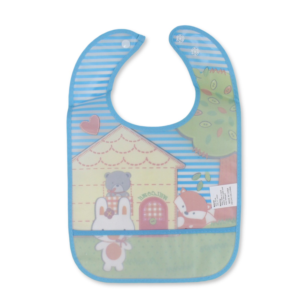 La Frutta PVC Baby Bib with Pocket – Striped Baby Blue with Animals Print