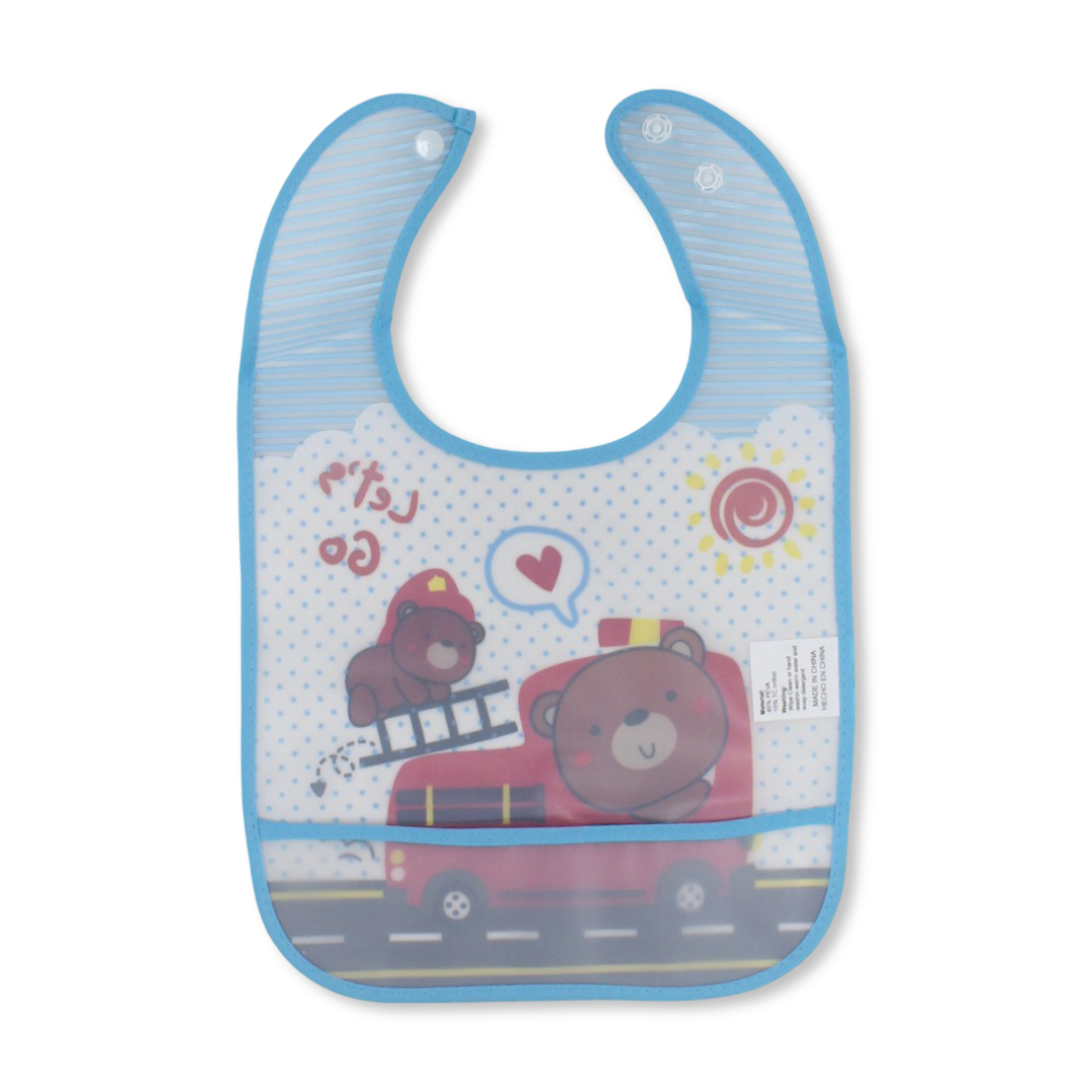 La Frutta PVC Baby Bib with Pocket – Baby Blue with Firefighter Teddy Bear Print