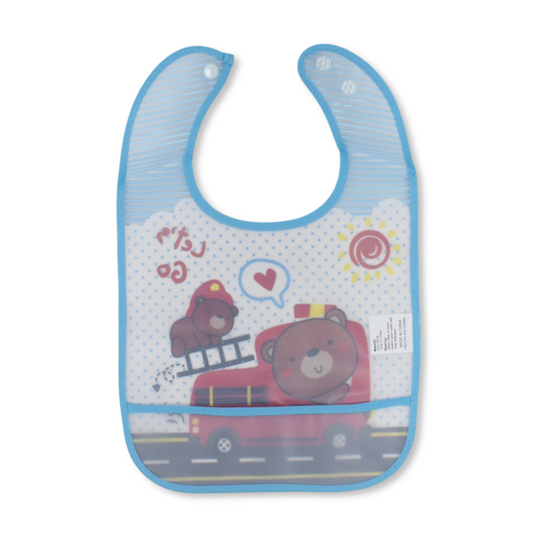 La Frutta PVC Baby Bib with Pocket – Baby Blue with Firefighter Teddy Bear Print