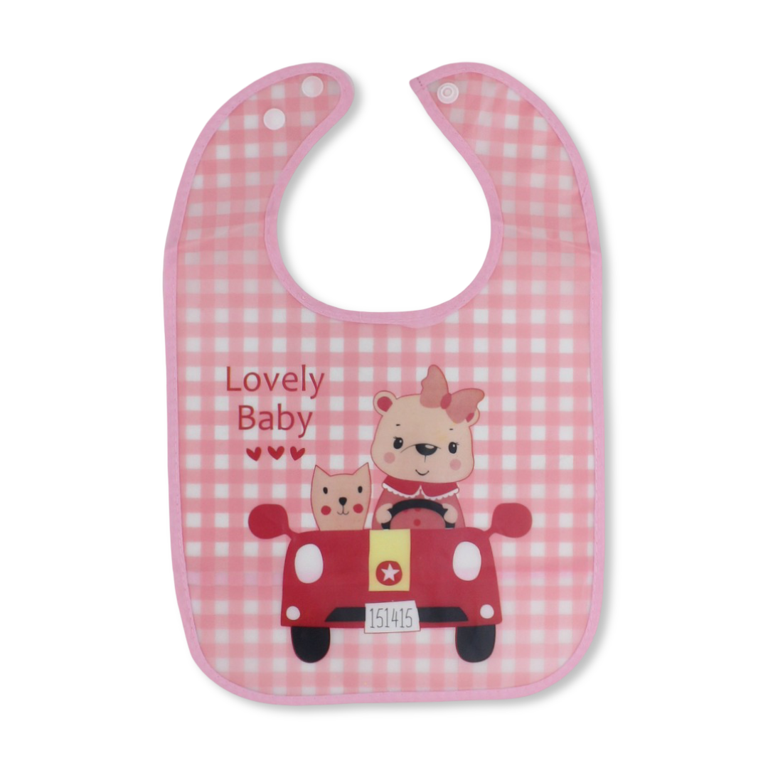 La Frutta PVC Baby Bib with Pocket – Pink with "Lovely baby" Print