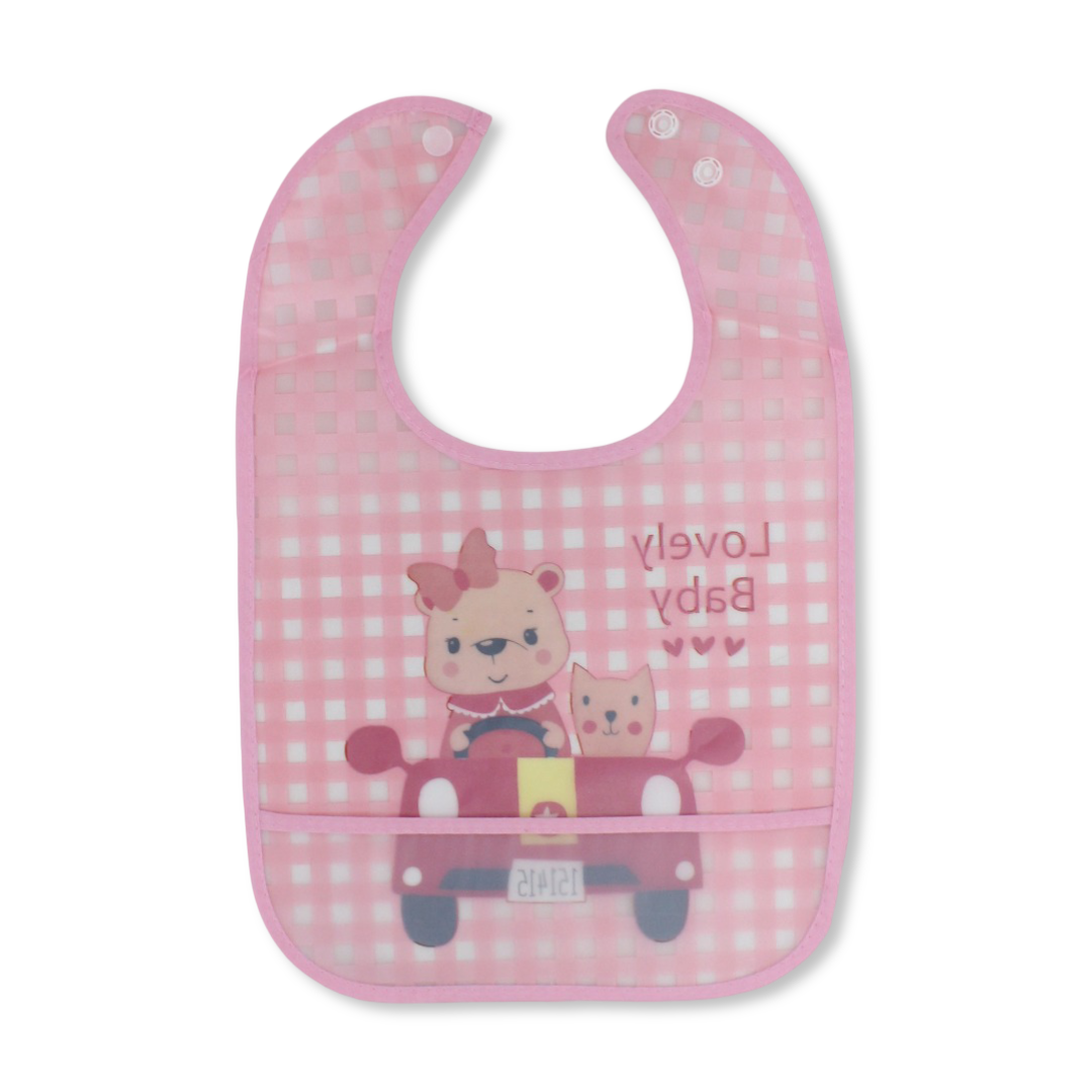 La Frutta PVC Baby Bib with Pocket – Pink with "Lovely baby" Print