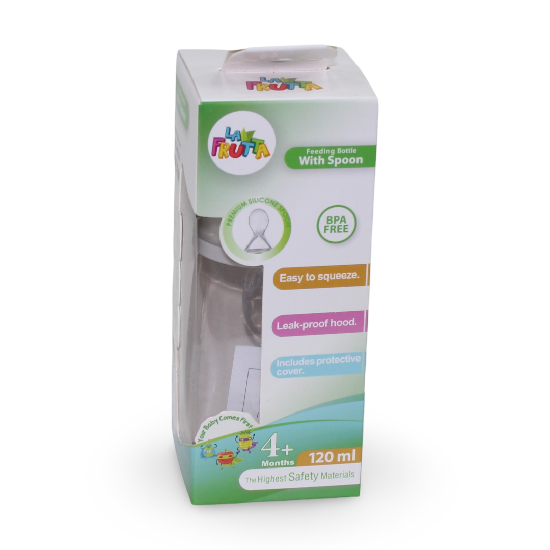 La Frutta Feeding Bottle with Silicone Spoon +4m 120ml – Grey - Baby Essentials