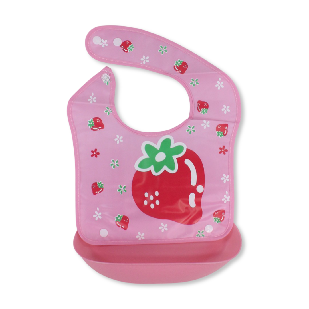 La Frutta Waterproof Silicone Baby Bib with Pocket – Pink with Strawberry Print