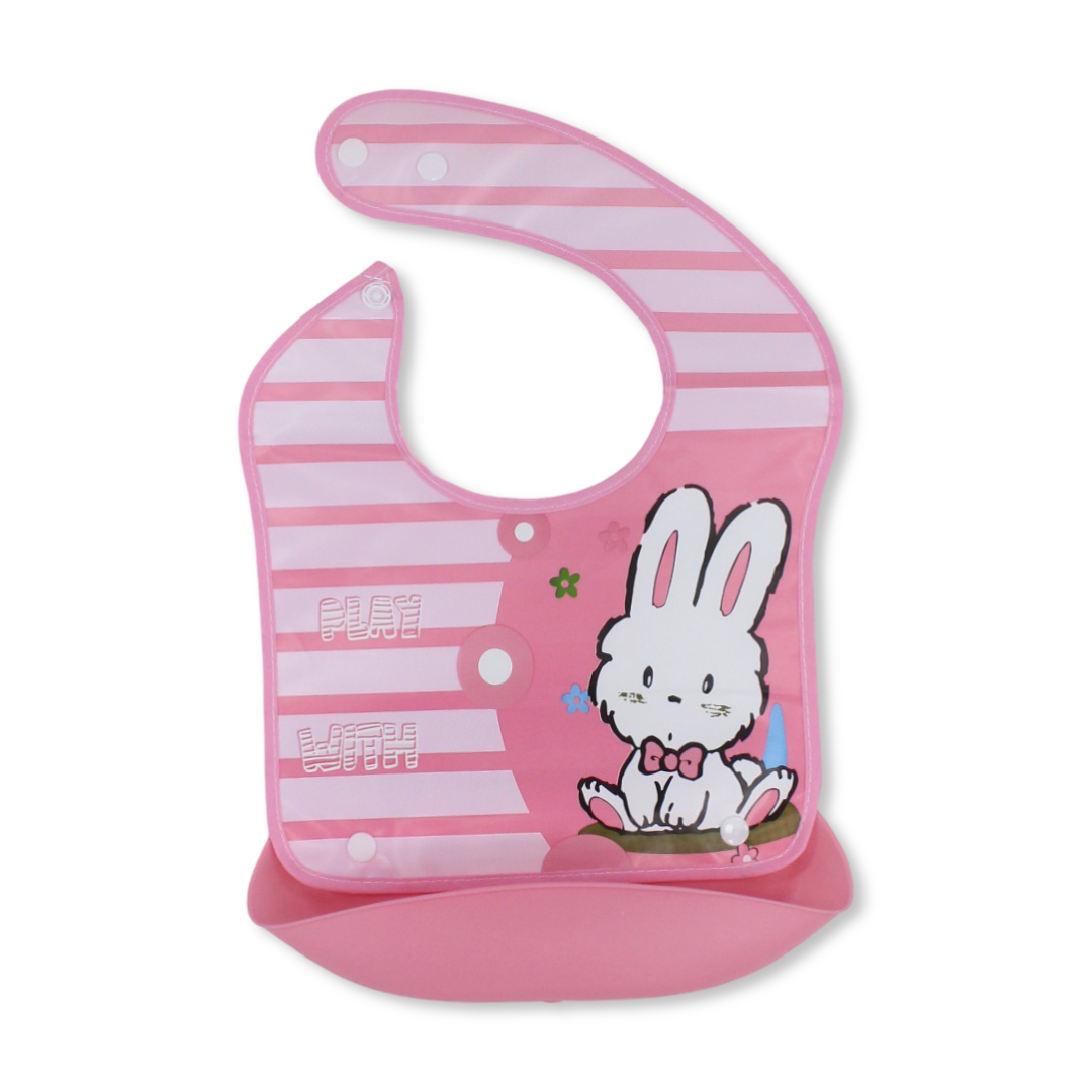La Frutta Waterproof Silicone Baby Bib with Pocket – Pink with Rabbit Print - Baby Essentials