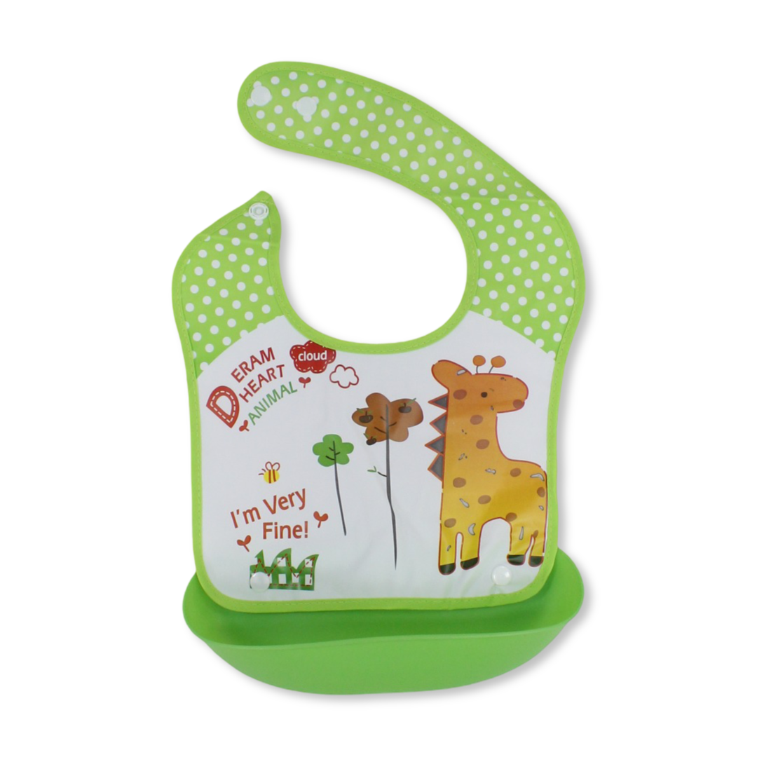 La Frutta Waterproof Silicone Baby Bib with Pocket – Green with Giraffe Print - Baby Essentials