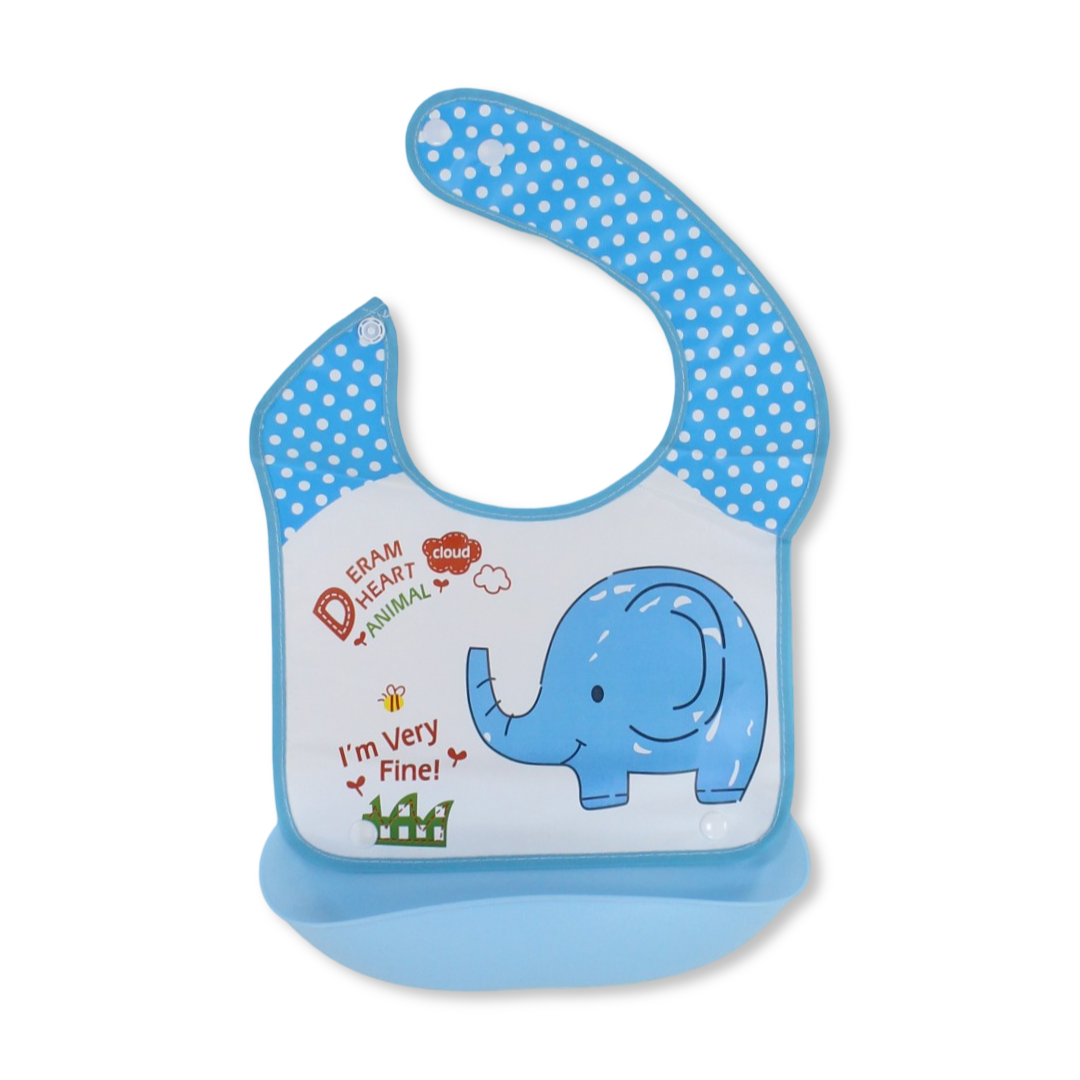 La Frutta Waterproof Silicone Baby Bib with Pocket – Baby Blue with Elephant Print