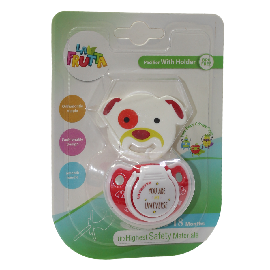 La Frutta Orthodontic Pacifier with Chain – Red Puppy Design