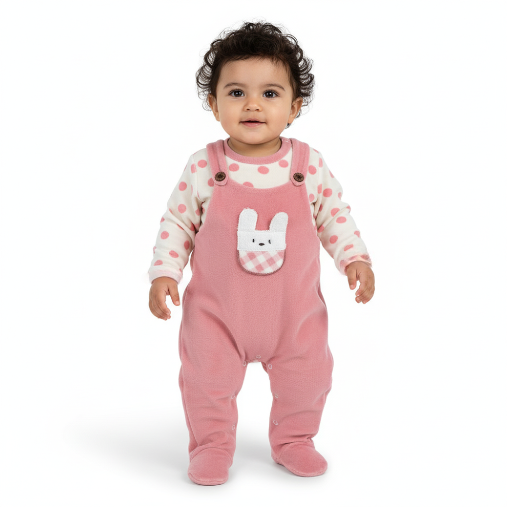 Baby Girls Velvet Baby Footie – Polka Dots & Bunny Face Design