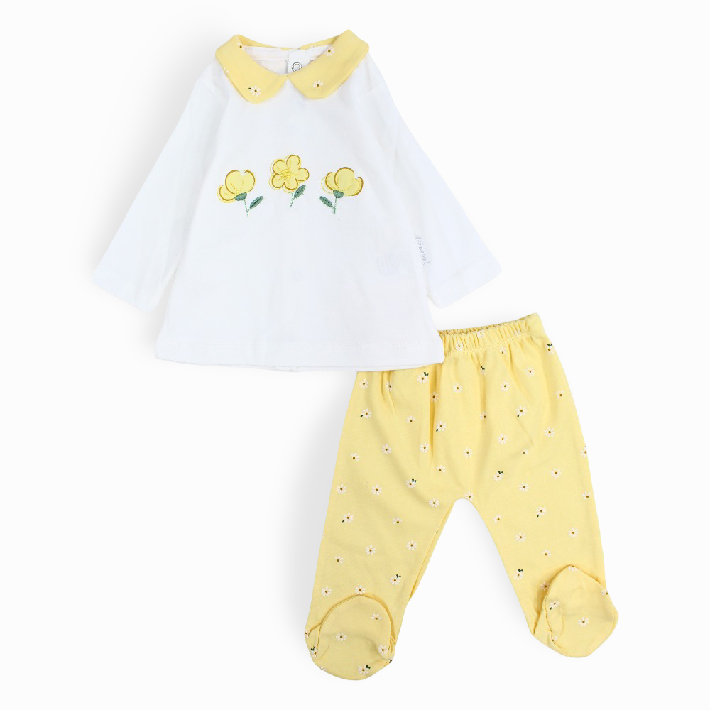 Baby Girls Cotton Pajama Set - Flowers Embroideries