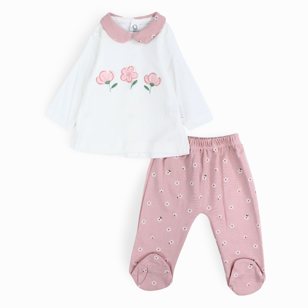 Baby Girls Cotton Pajama Set - Flowers Embroideries