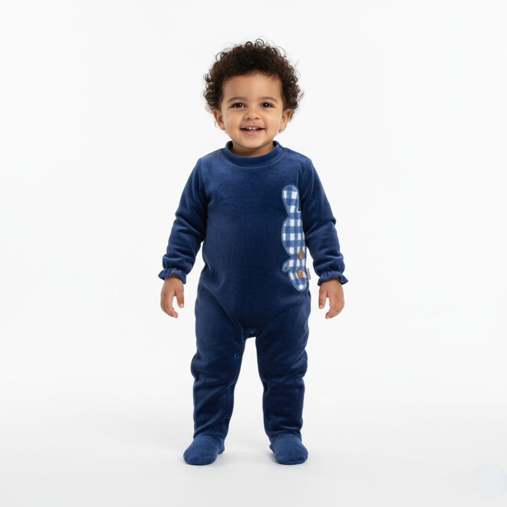 Baby Girls Velvet Baby Footie – Checkered Bunny Design