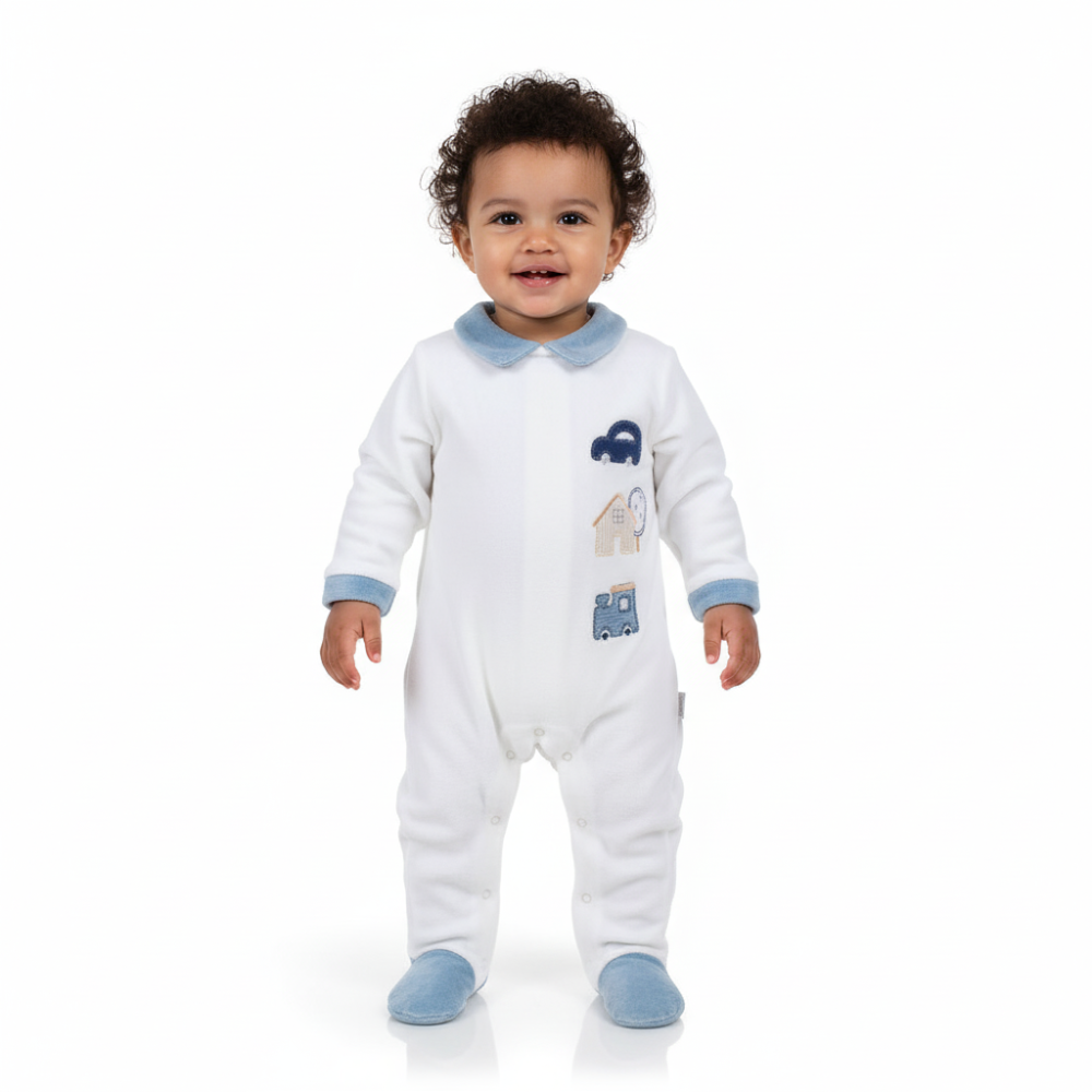 Baby Boys Velvet Baby Footie - Cute Embroideries