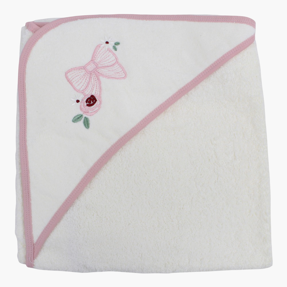 Cotton Baby Hooded Towel - White with Bow Design