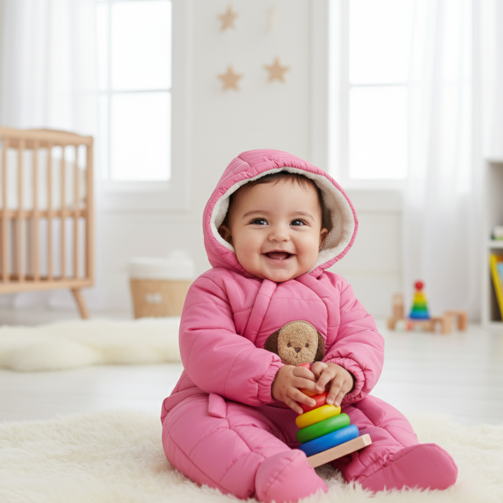 Baby Girls Waterproof Hooded Overall - Dog Face Design