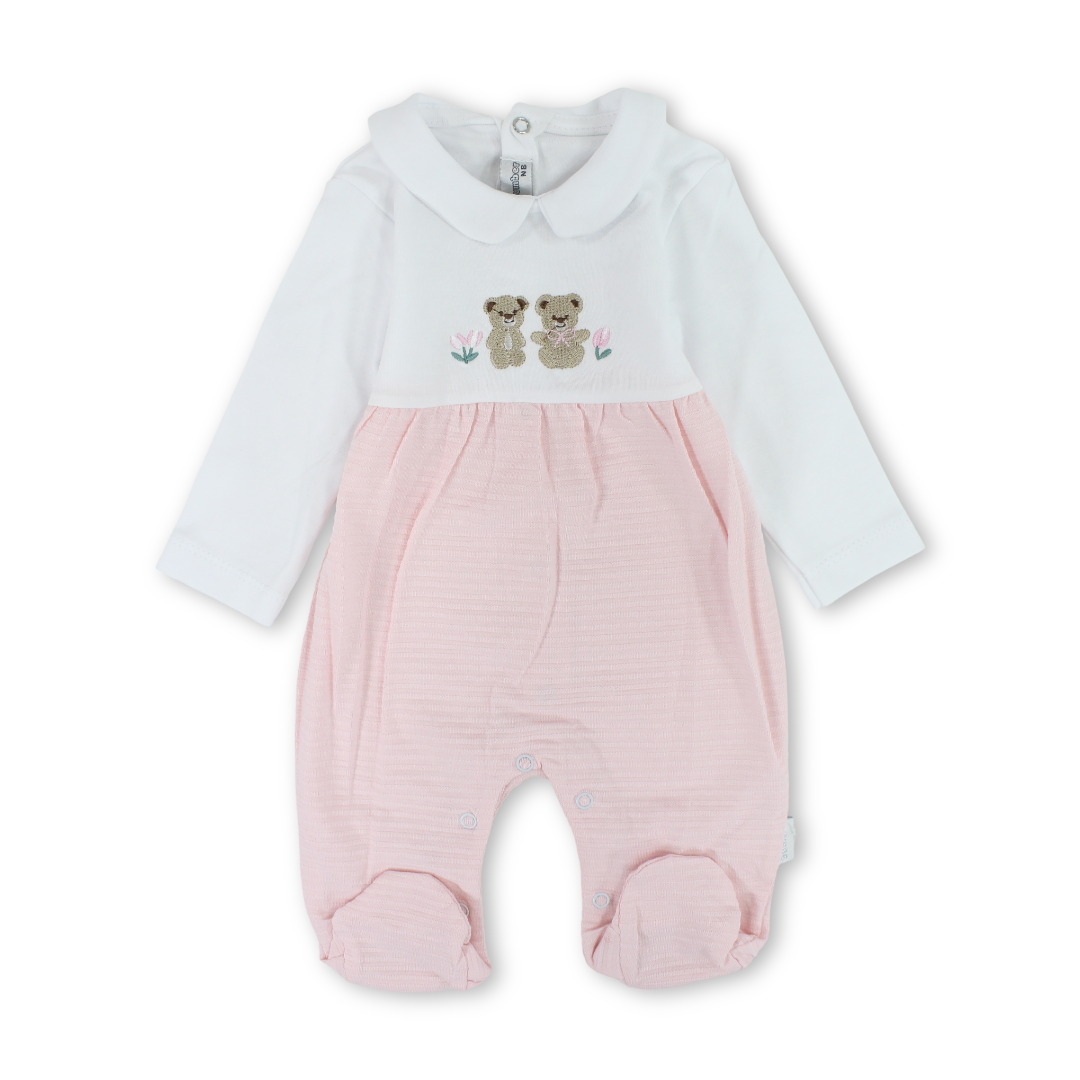 Baby Girls Cotton Baby Footie Onesie – Teddy Bear & Flowers Embroidery - Clothing - Bumber