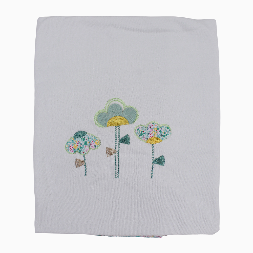 Baby Girls Cotton Blanket – White & Mint with Flower Design