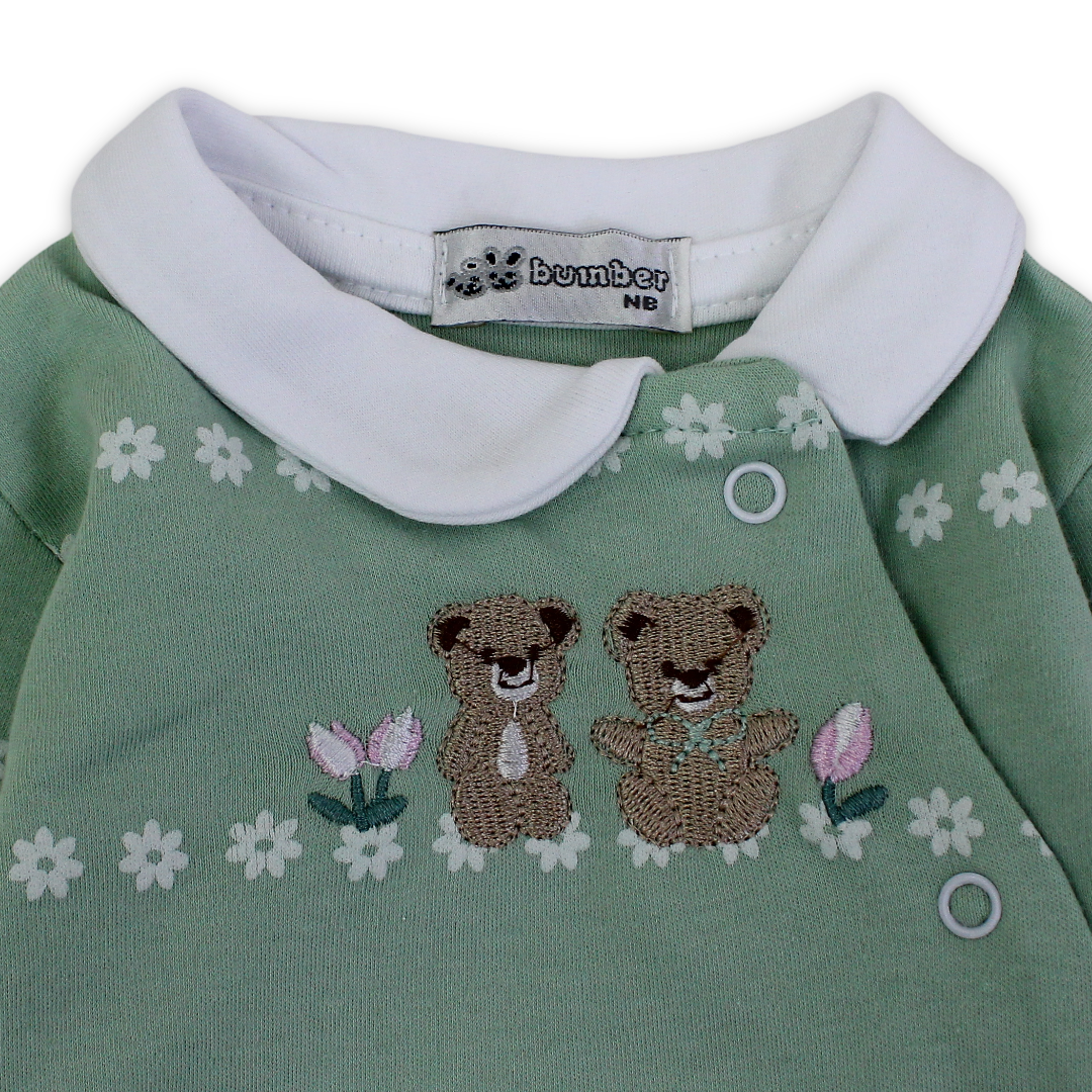 Baby Girls Cotton Baby Footie – Teddy Bear Embroidery