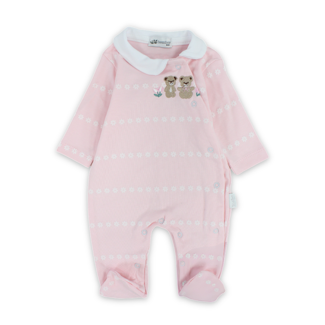 Baby Girls Cotton Baby Footie – Teddy Bear Embroidery