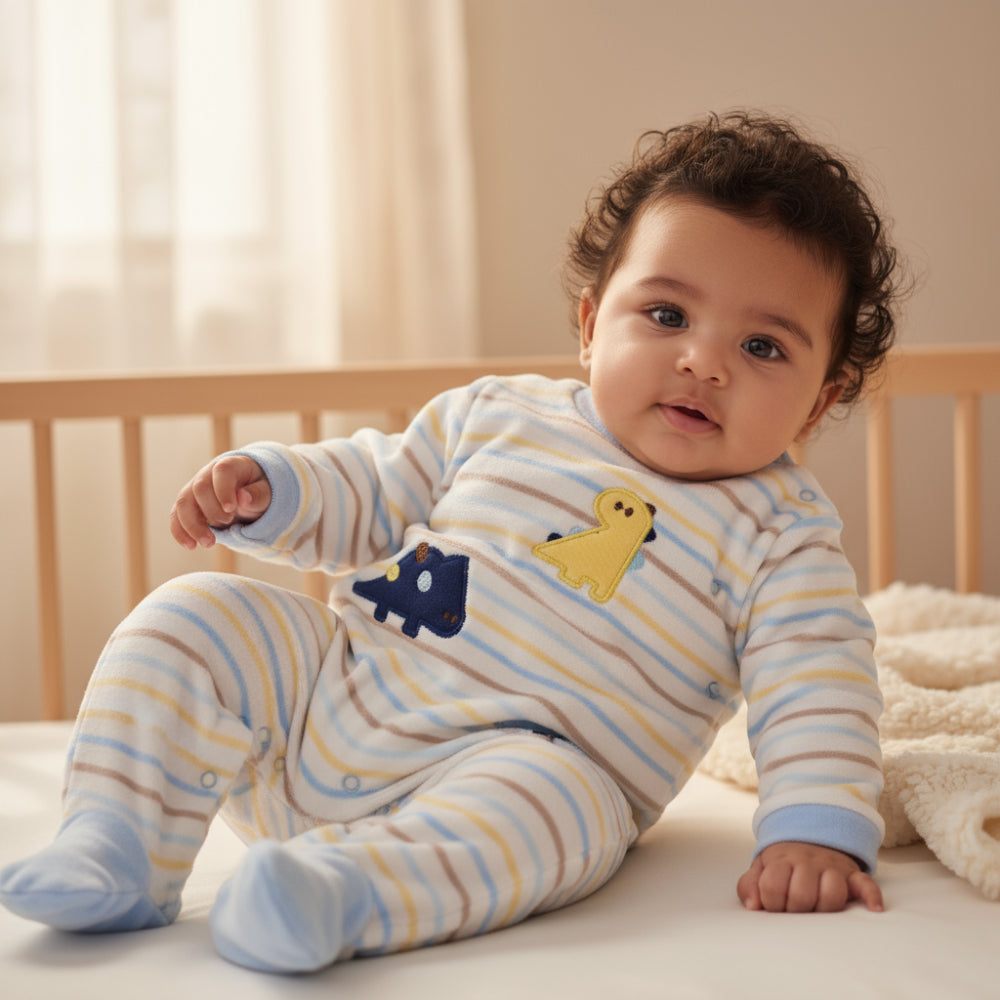 Baby Boys Velvet Baby Footie – Striped Dinosaur Print