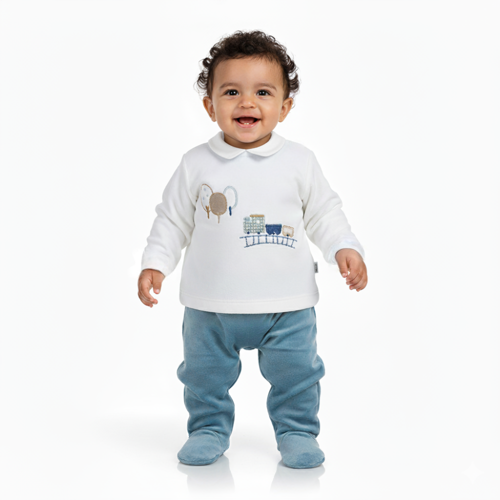 Baby Boys Velvet Pajama Set – Train Design