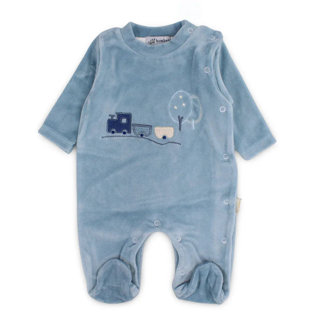 Baby Boys Velvet Baby Footie – Cute Train & Tree Design