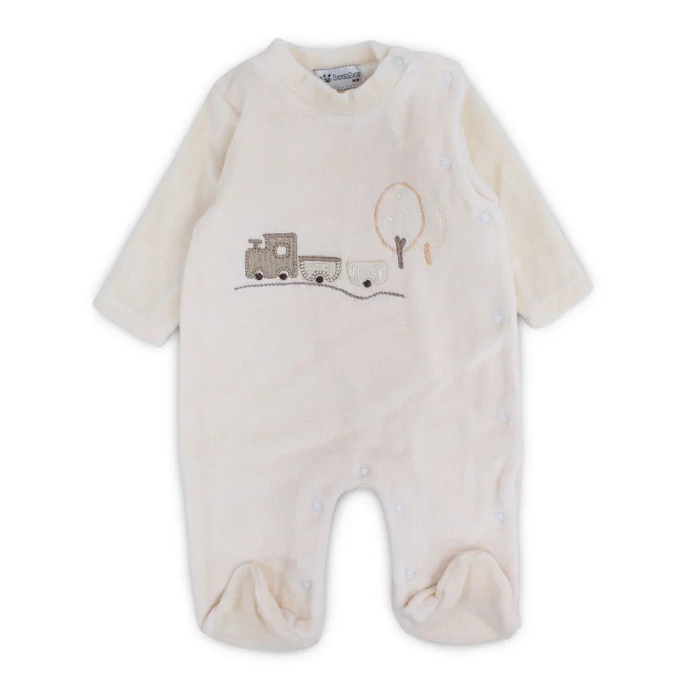 Baby Boys Velvet Baby Footie – Cute Train & Tree Design