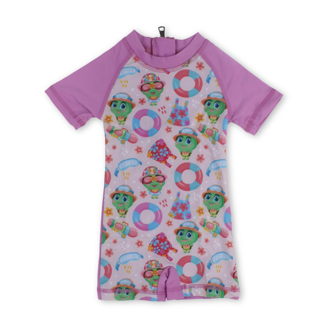 Girls Sunsuit One-Piece – Pink with Flowers and Sea Tools Print - Clothing - I.Wear