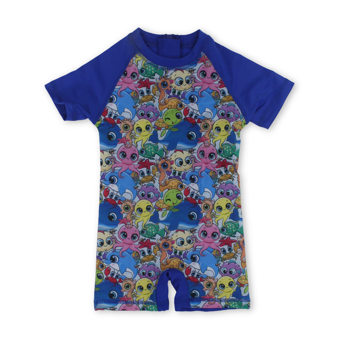 Unisex Boys Sunsuit One-Piece – Blue with Sea World Print - Clothing - I.Wear