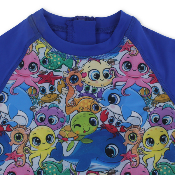 Unisex Boys Sunsuit One-Piece – Blue with Sea World Print