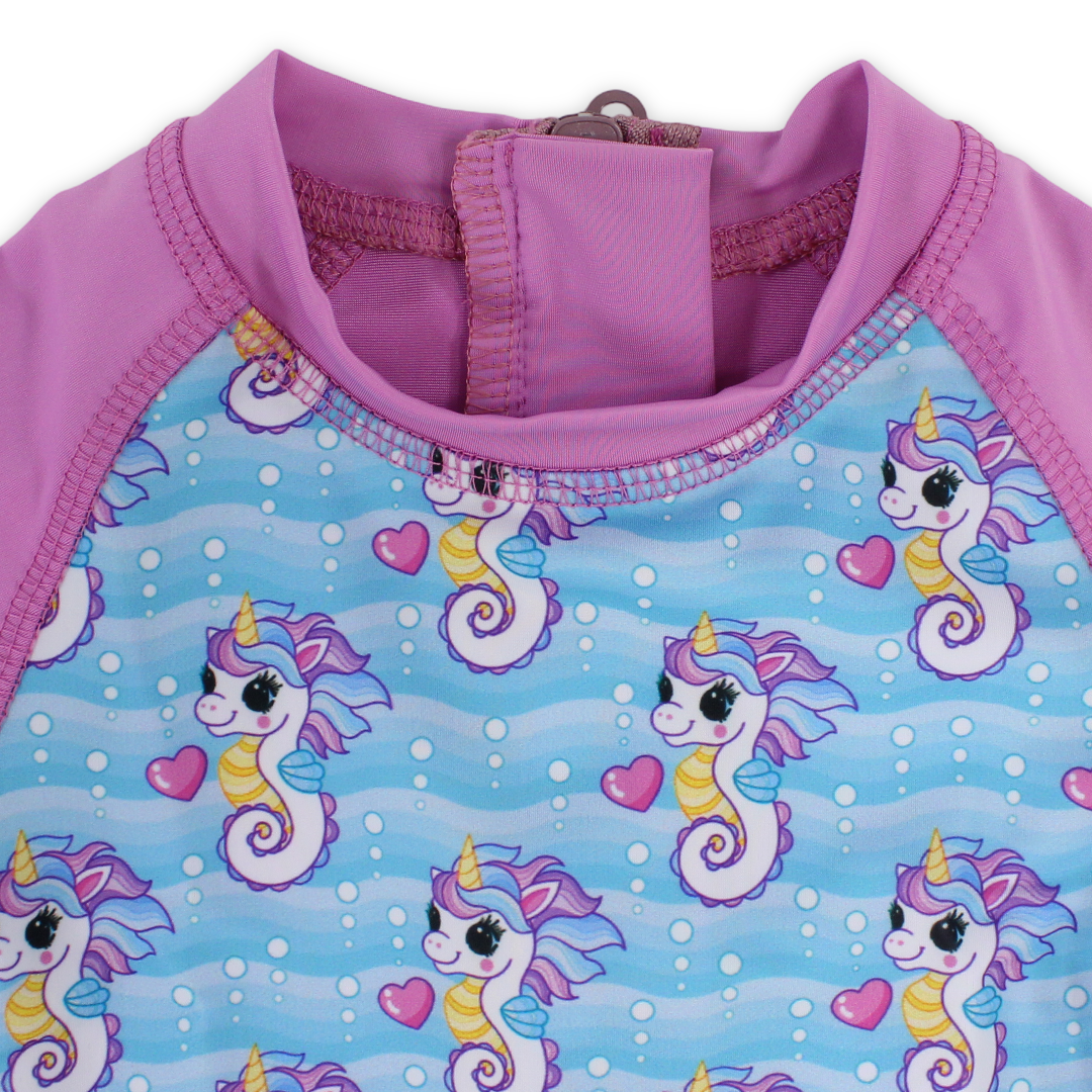 Baby Girls Sunsuit One-Piece – Pink with Sea Horse Print