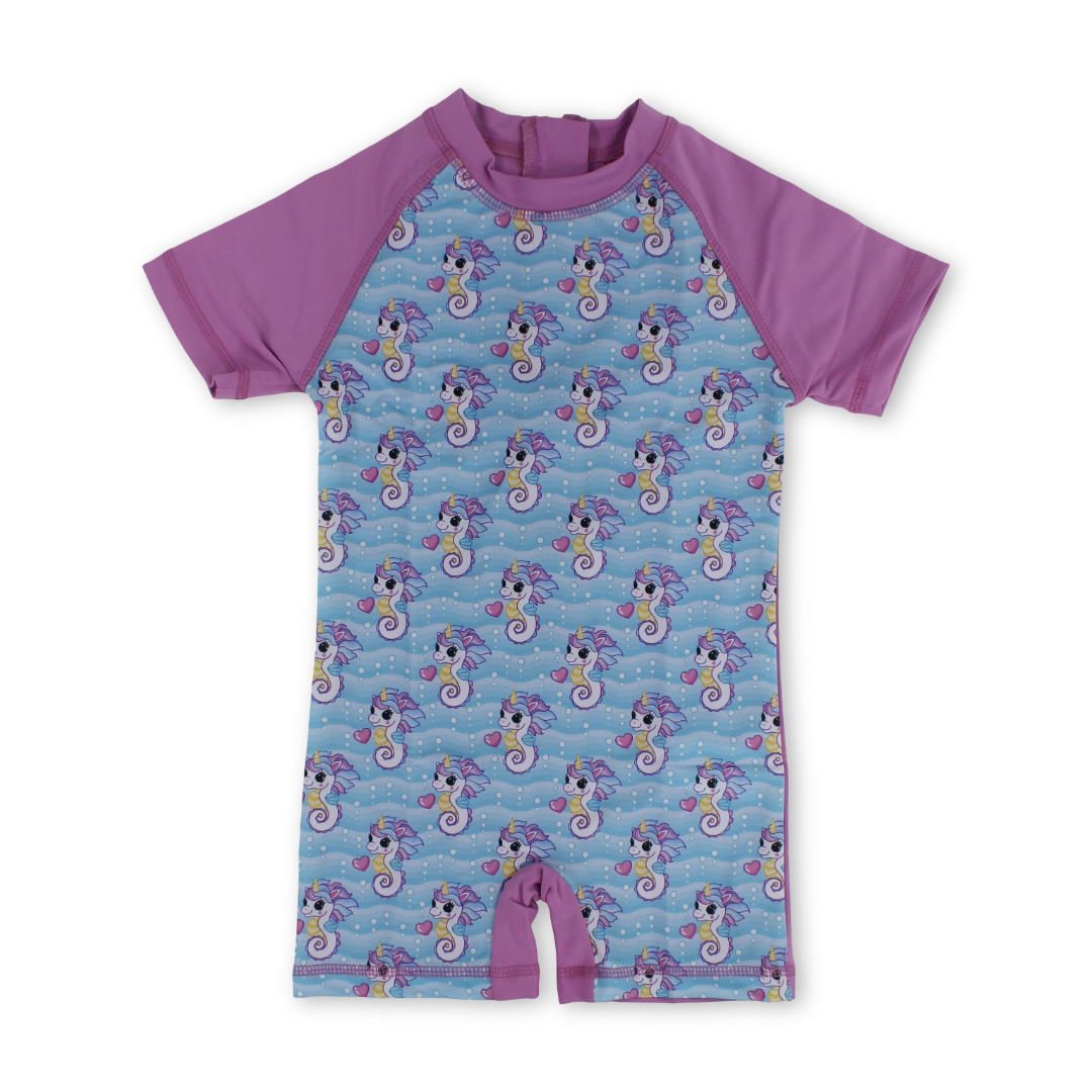 Baby Girls Sunsuit One-Piece – Pink with Sea Horse Print