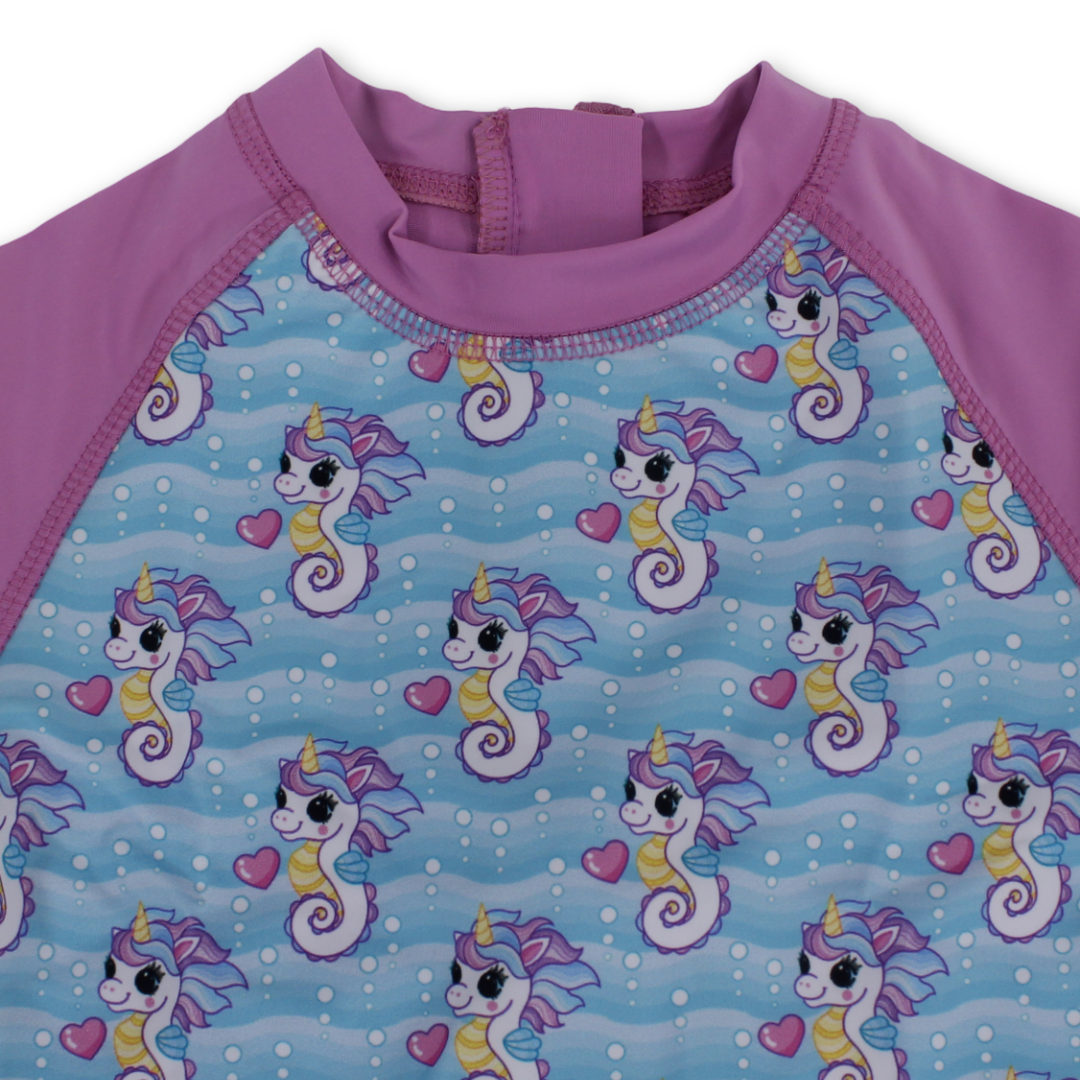 Baby Girls Sunsuit One-Piece – Pink with Sea Horse Print